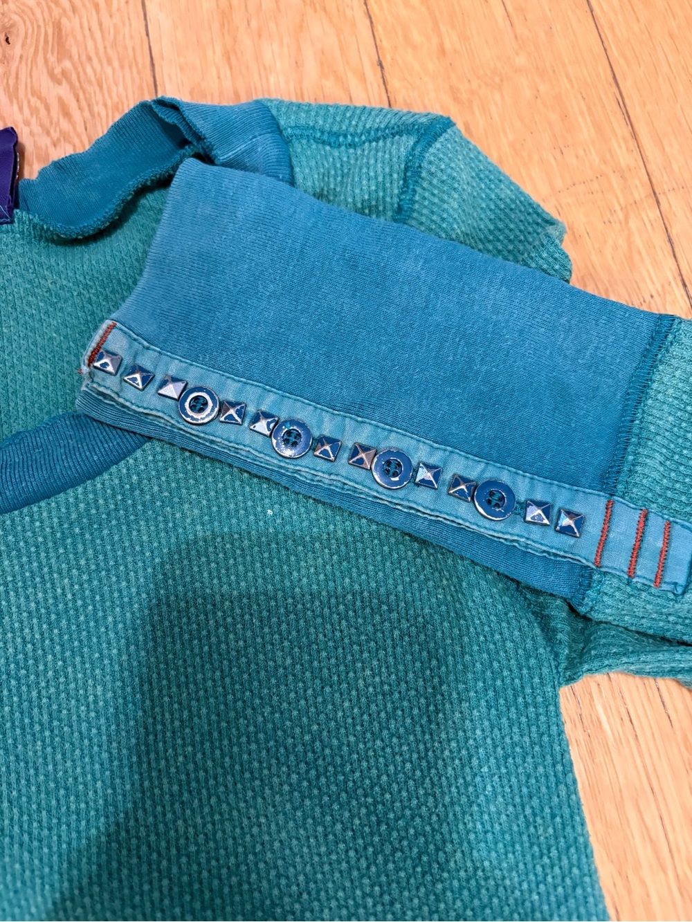 Free People Studded Cuff Thermal XS Teal Blue Green Waffle Knit Indie Sleaze
